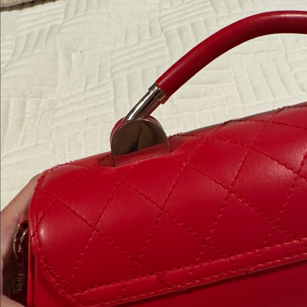 Quilted Red Leather Top-Handle Clutch with Silver Hardware - Picture 8 of 9